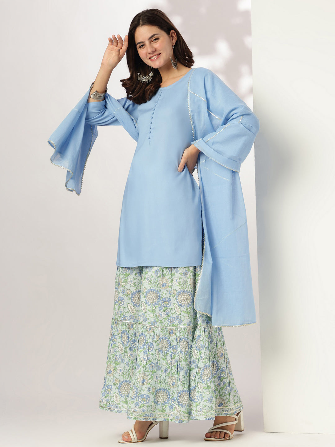 Light Blue Pure Cotton Solid Straight Kurta with Printed Sharara Set