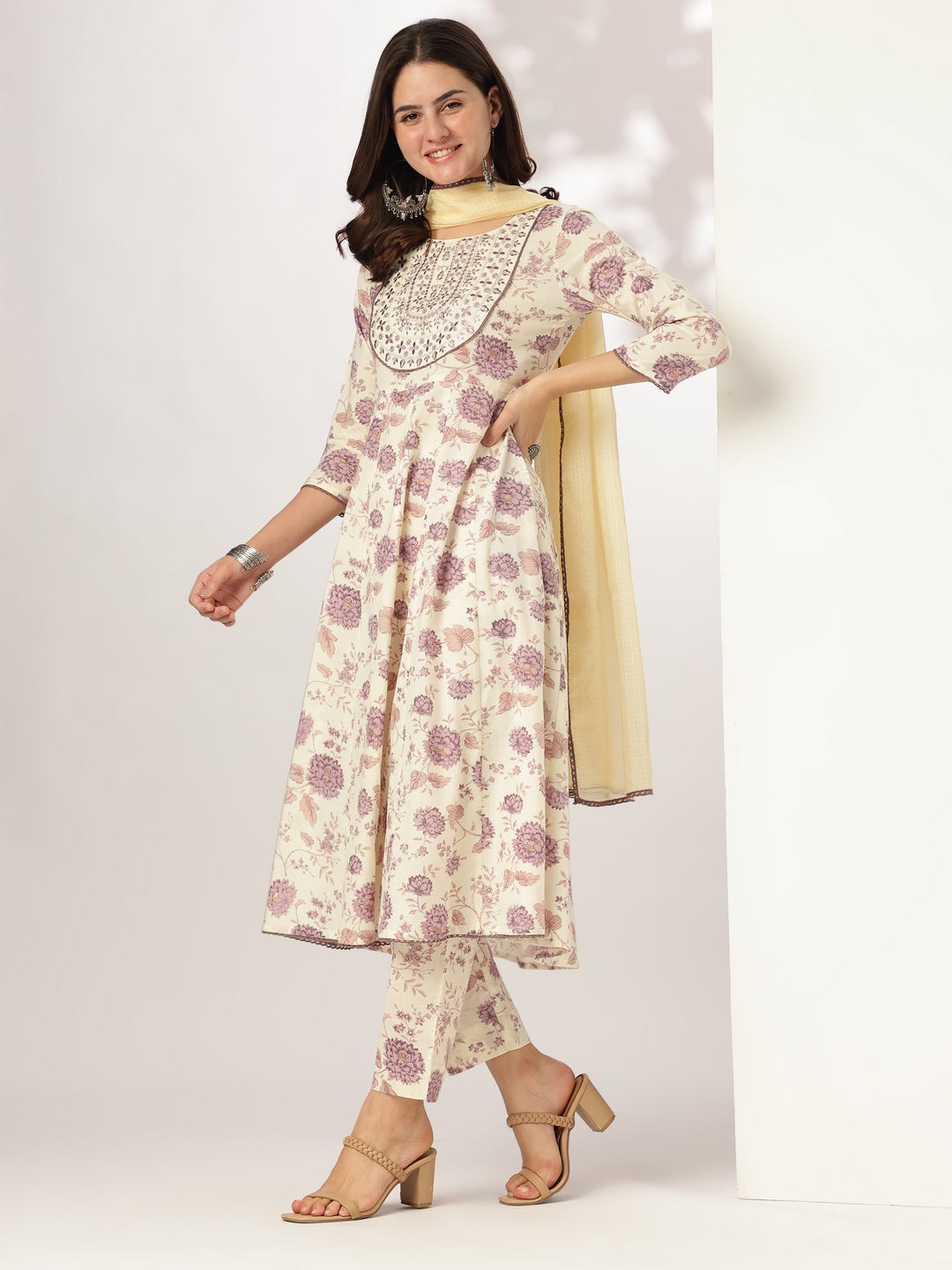 Off White Pure Cotton Floral Printed Yoke Embroidered Anarkali Kurta Set