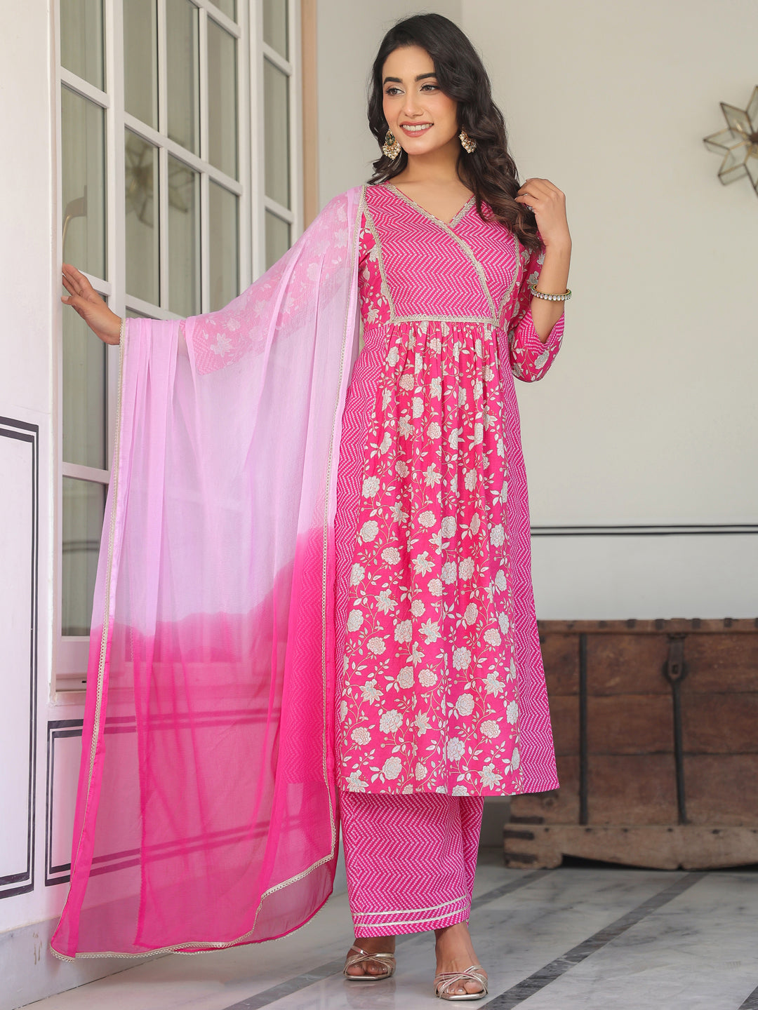 Pink Pure Cotton Floral Printed A-line Kurta Set