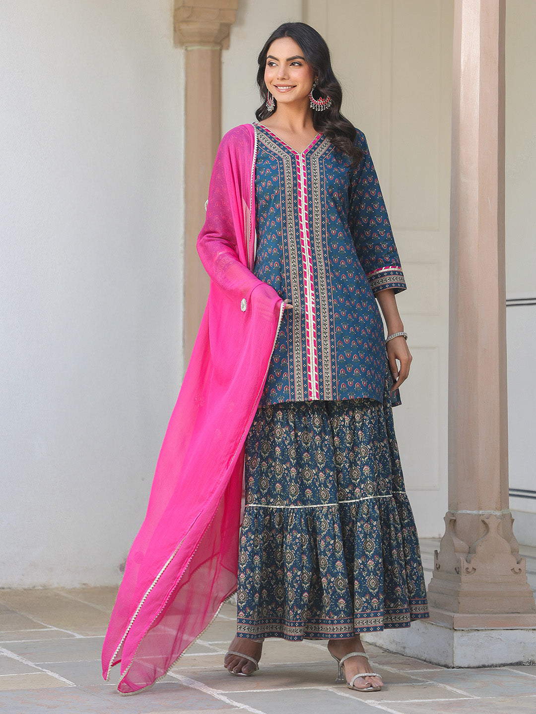 Janasya Women's Dark Blue Pure Cotton Floral Printed Straight Kurta With Sharara & Dupatta Set