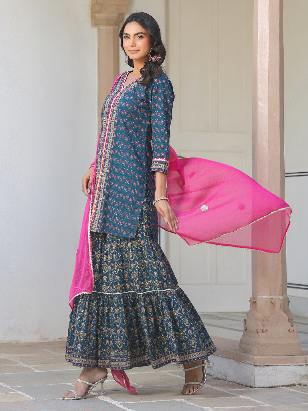 Janasya Women's Dark Blue Pure Cotton Floral Printed Straight Kurta With Sharara & Dupatta Set