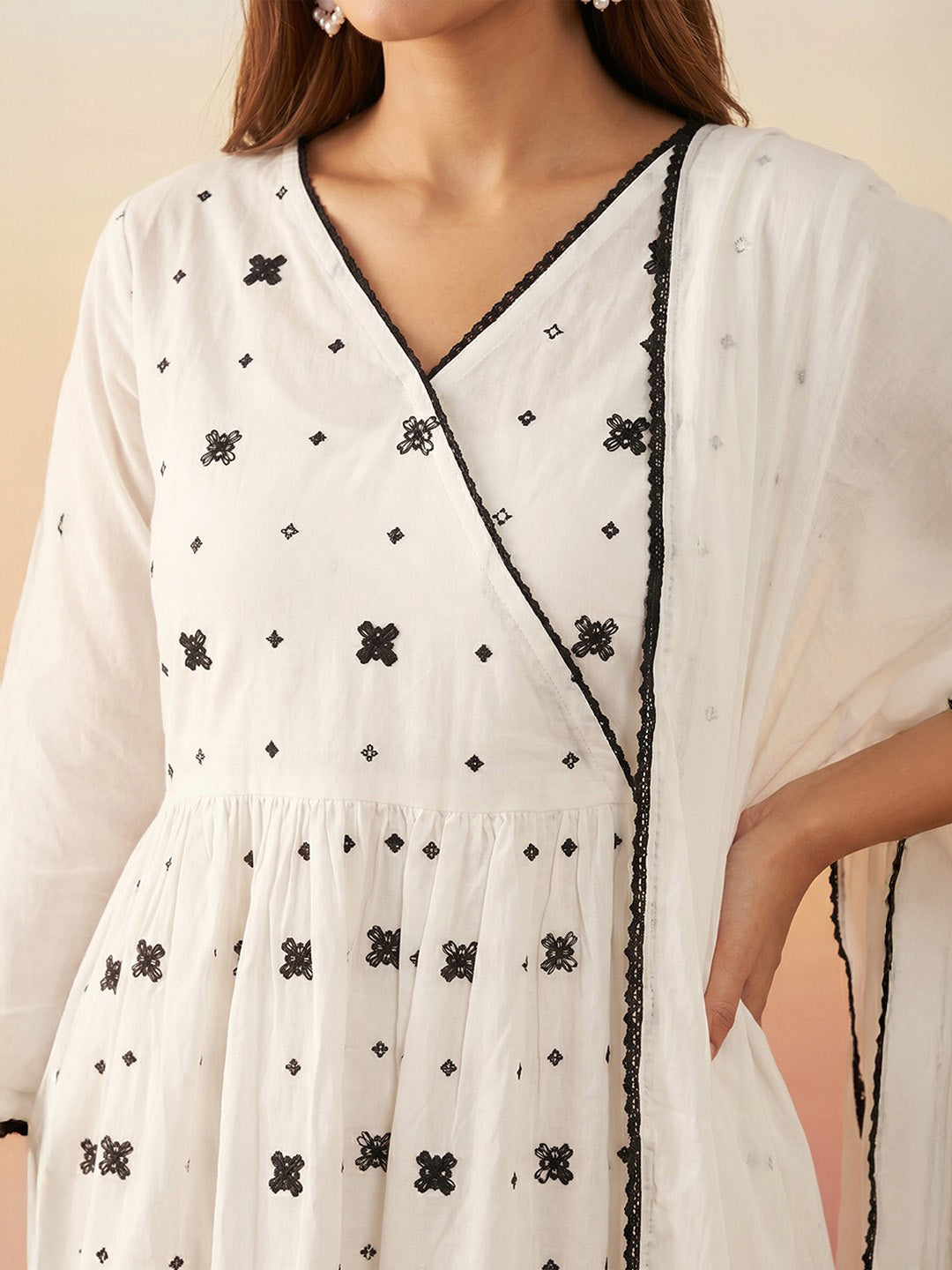 Janasya Women's White Pure Cotton Embroidered Angrakha Kurta Set