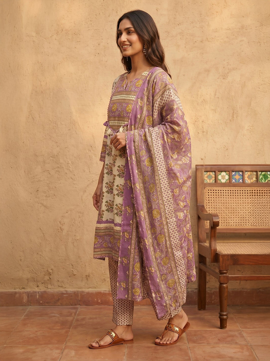 Janasya Women's Cream Pure Cotton Embellished Yoke Design Floral Printed A-Line Kurta Set