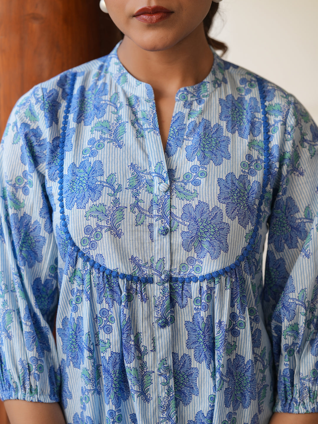Janasya Women's Blue Pure Cotton Floral Printed A-line Top