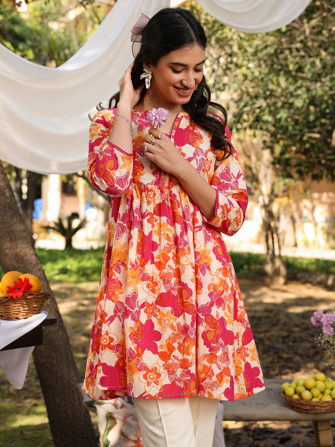 Cream Pure Cotton Floral Printed A-line Tunic