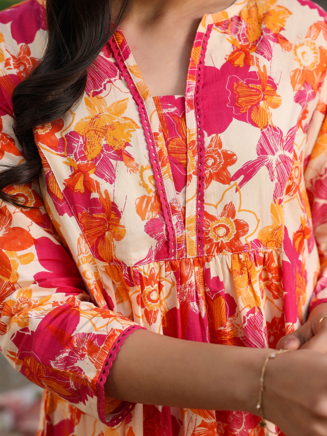 Cream Pure Cotton Floral Printed A-line Tunic