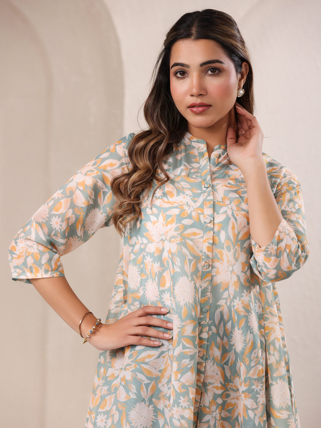 Sage Green Silk Blend Floral Printed A-line Tunic