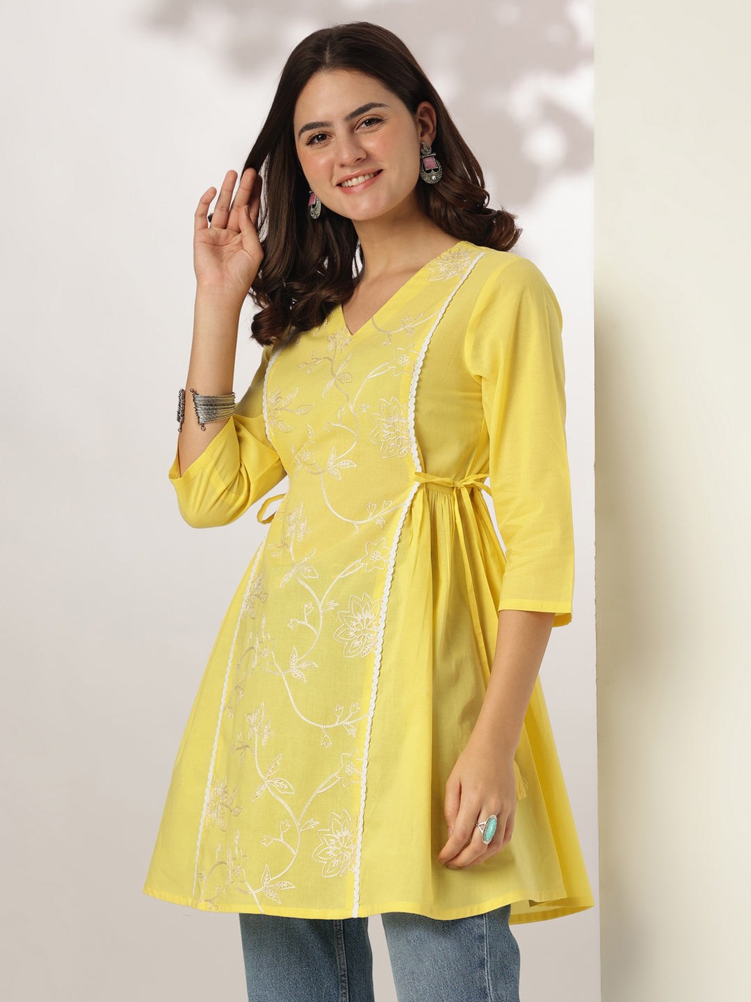 Janasya Women's Yellow Pure Cotton Embroidered A-line Tunic