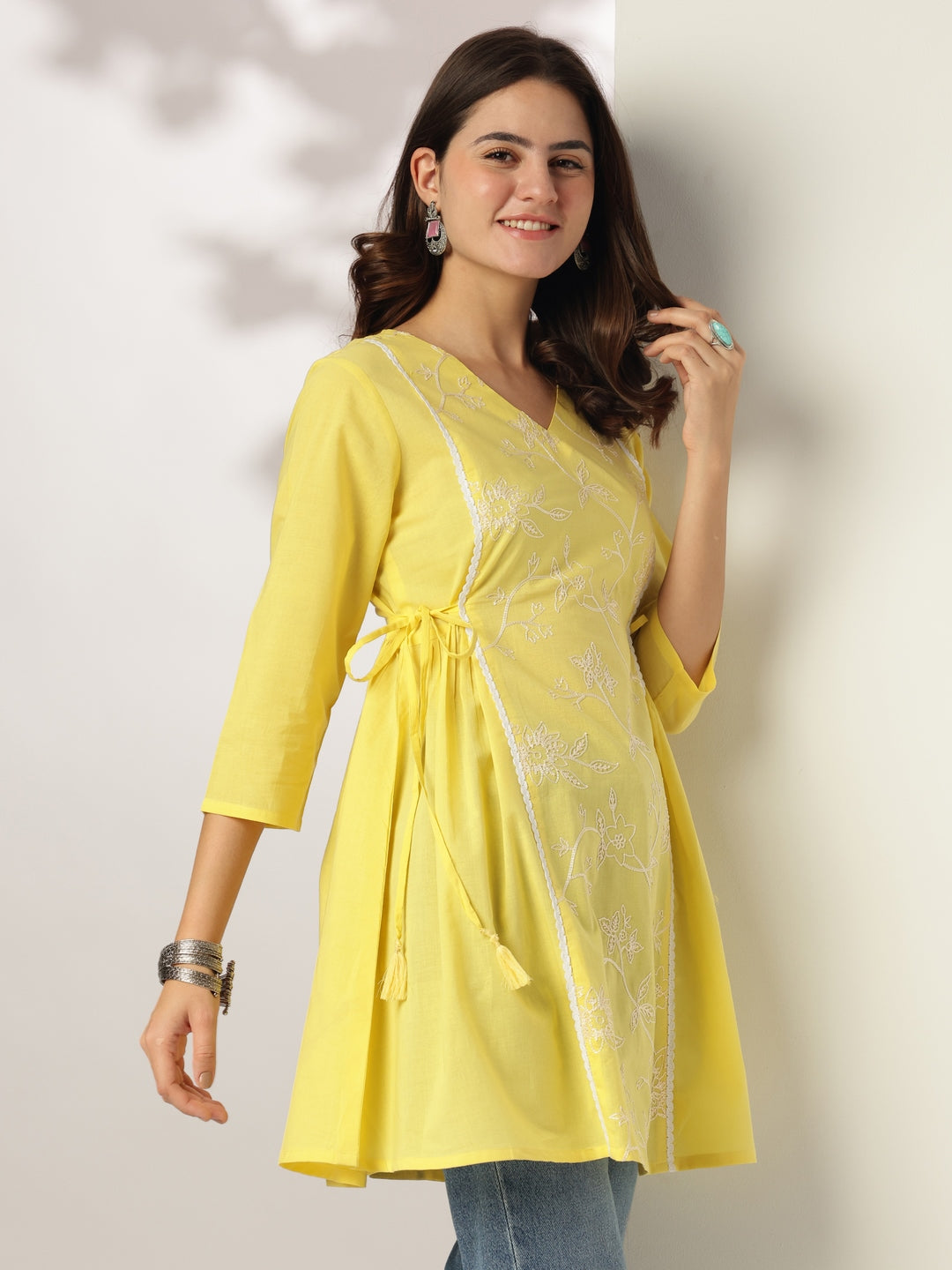 Janasya Women's Yellow Pure Cotton Embroidered A-line Tunic
