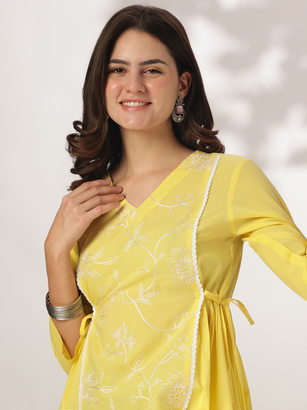 Janasya Women's Yellow Pure Cotton Embroidered A-line Tunic