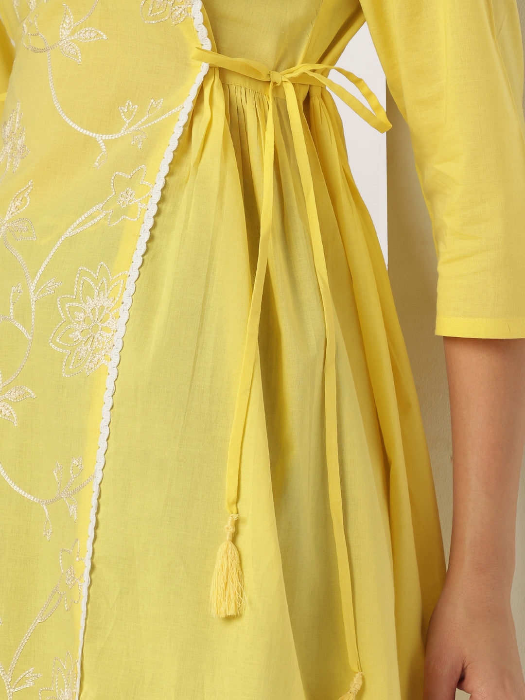 Janasya Women's Yellow Pure Cotton Embroidered A-line Tunic