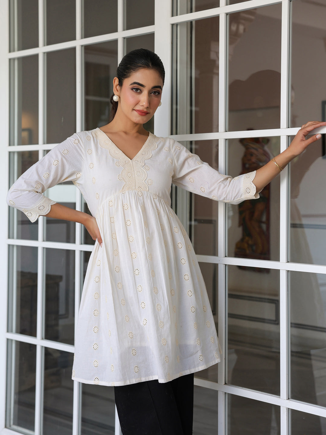 Janasya Women's Off White Pure Cotton Schiffli A-line Tunic