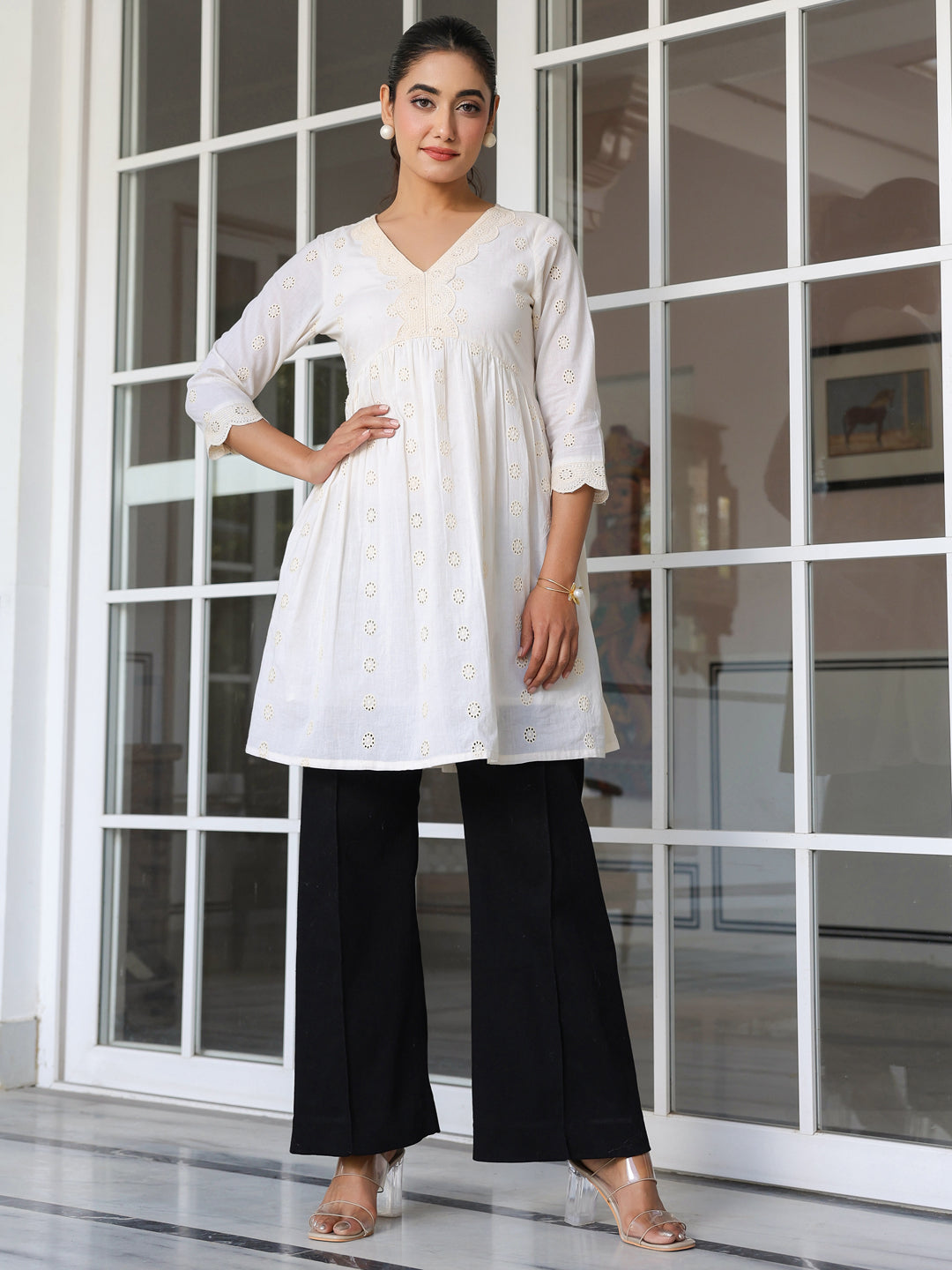 Janasya Women's Off White Pure Cotton Schiffli A-line Tunic