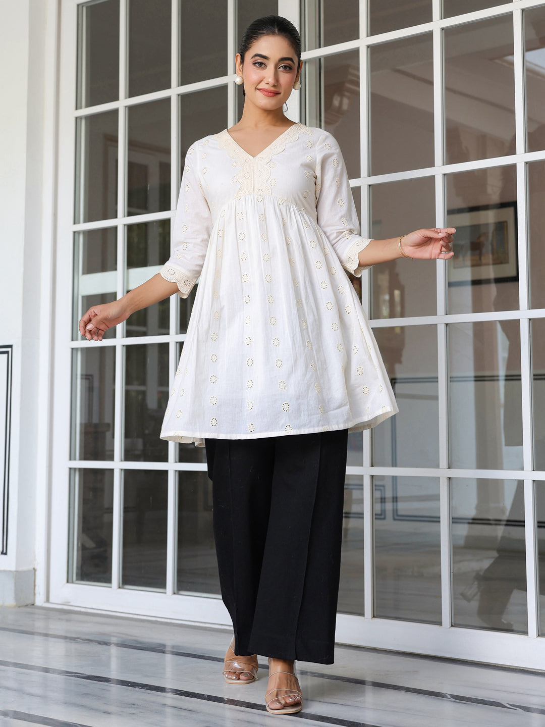 Janasya Women's Off White Pure Cotton Schiffli A-line Tunic