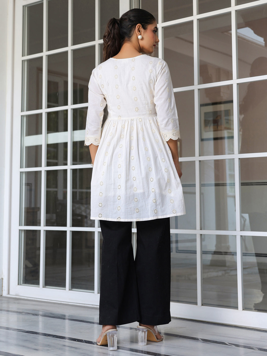 Janasya Women's Off White Pure Cotton Schiffli A-line Tunic