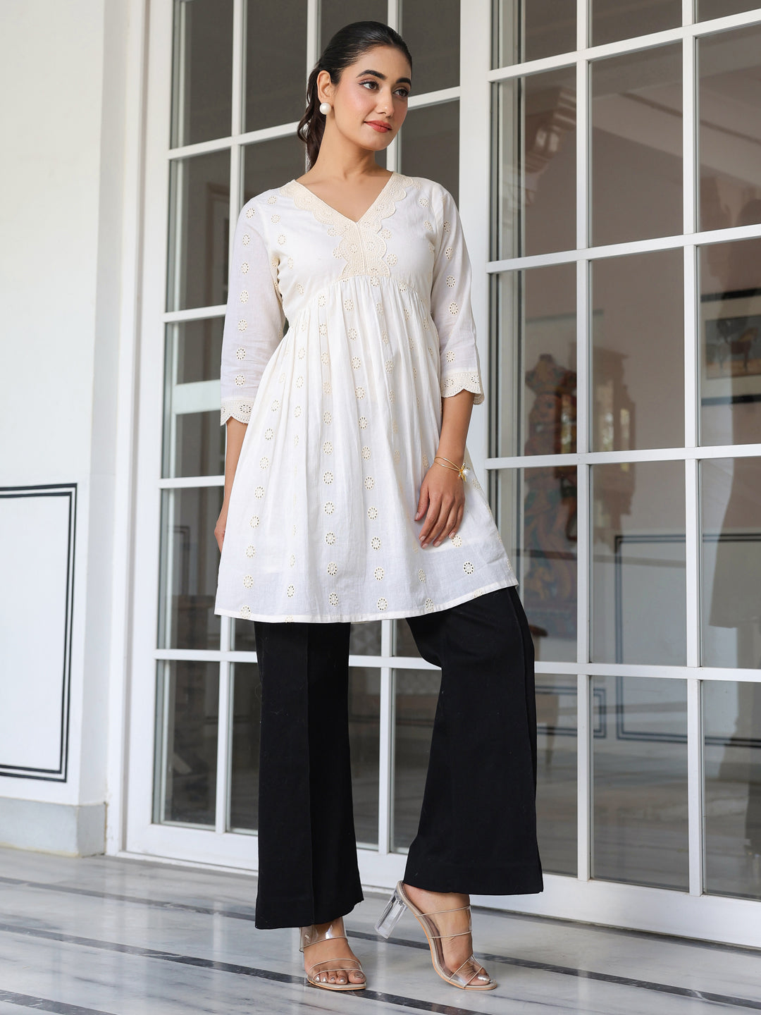 Janasya Women's Off White Pure Cotton Schiffli A-line Tunic