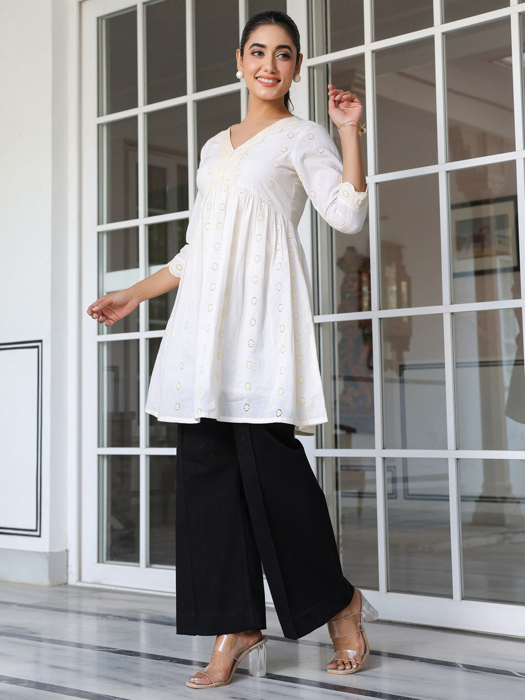 Janasya Women's Off White Pure Cotton Schiffli A-line Tunic