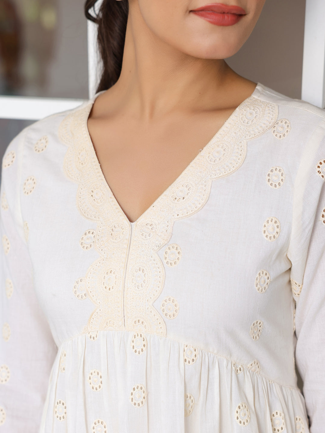 Janasya Women's Off White Pure Cotton Schiffli A-line Tunic