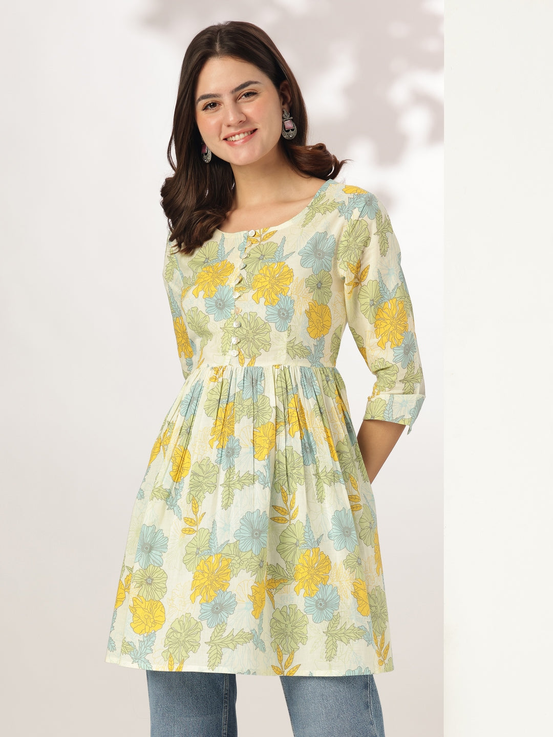Off White Pure Cotton Floral Printed A-line Tunic