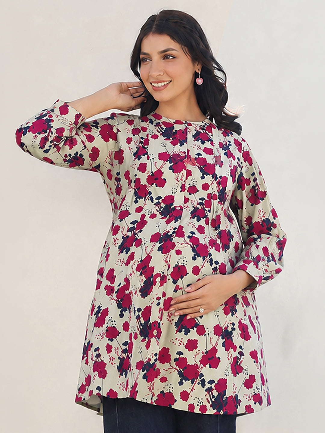 Janasya Women's Maternity Cream Pure Cotton Floral Printed A-Line Tunic