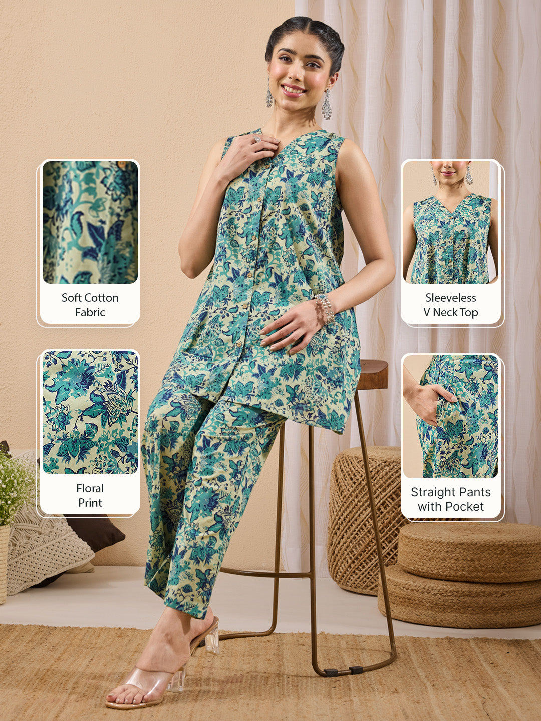 Janasya Women's Light Green Pure Cotton Floral Printed A-line Co-ord Set