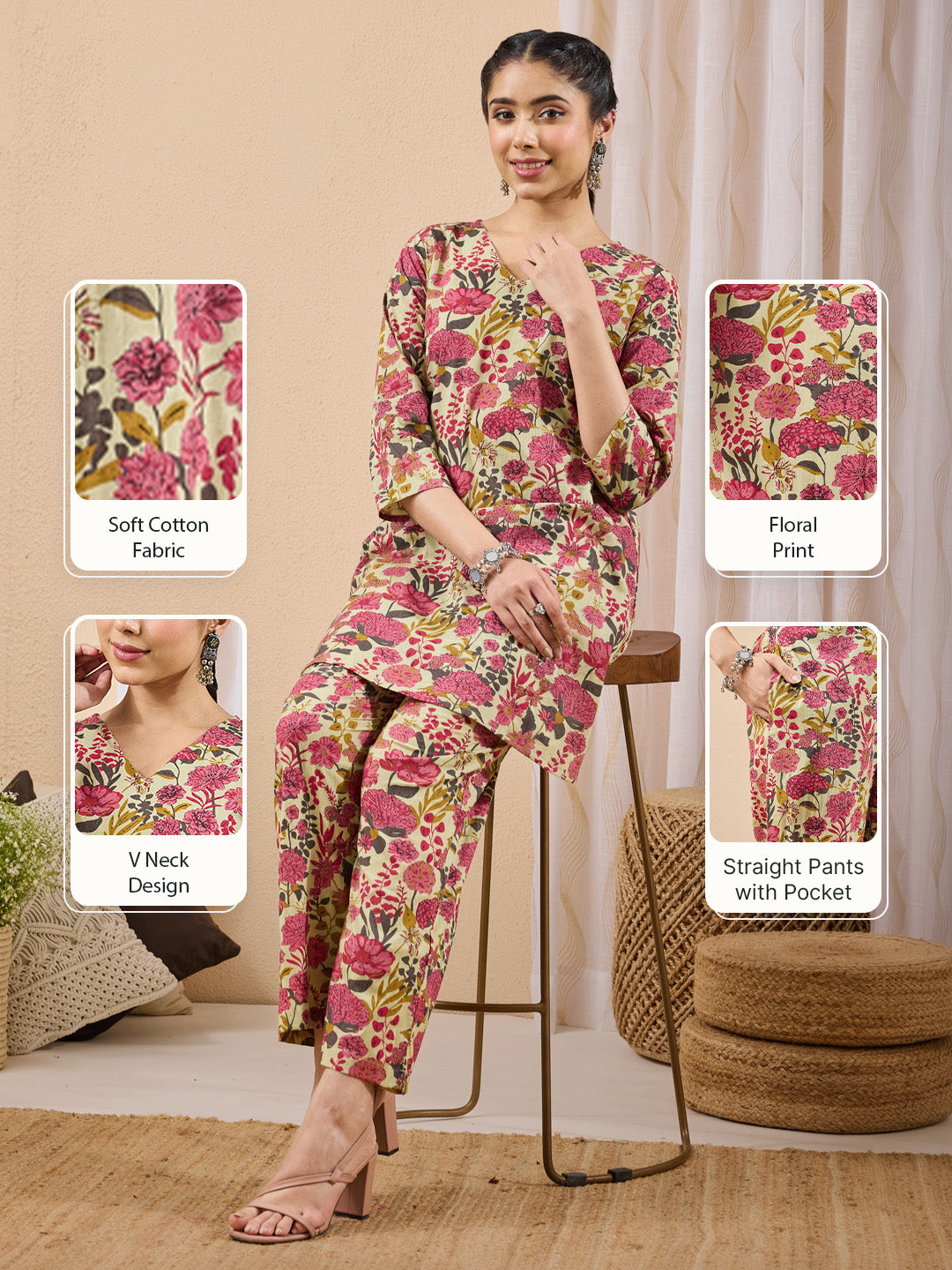 Janasya Women's Mint Color Cotton Floral Printed A-line Co-ord Set