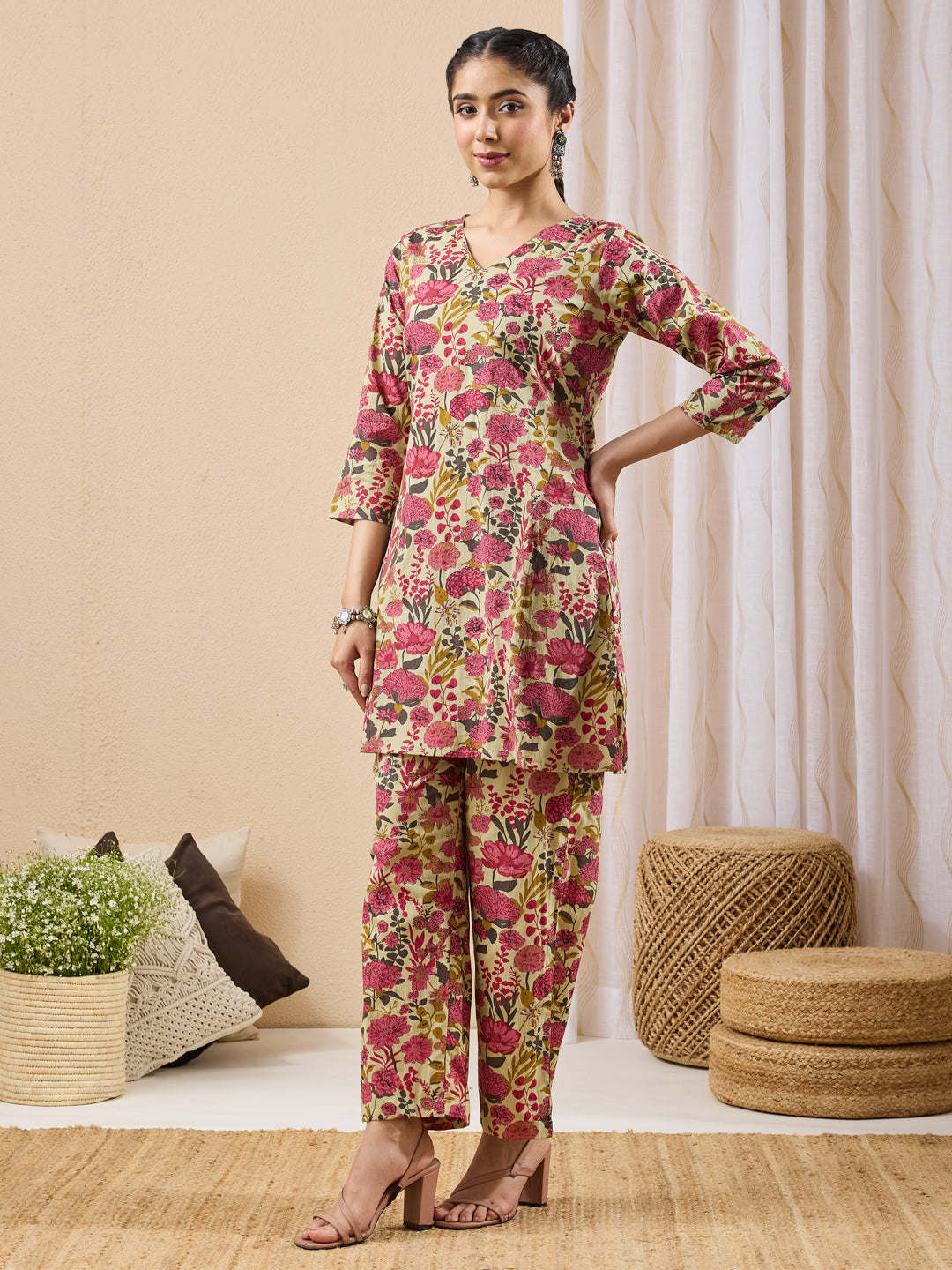 Janasya Women's Mint Color Cotton Floral Printed A-line Co-ord Set