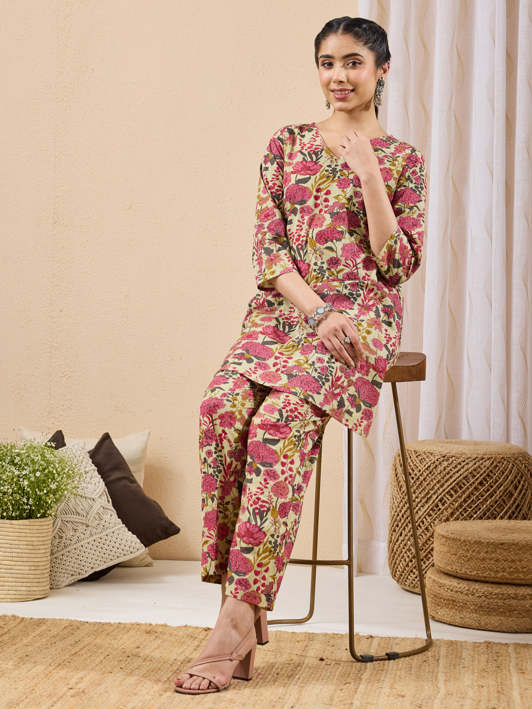 Janasya Women's Mint Color Cotton Floral Printed A-line Co-ord Set