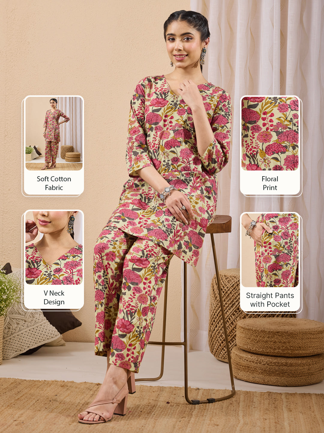 Janasya Women's Mint Color Cotton Floral Printed A-line Co-ord Set