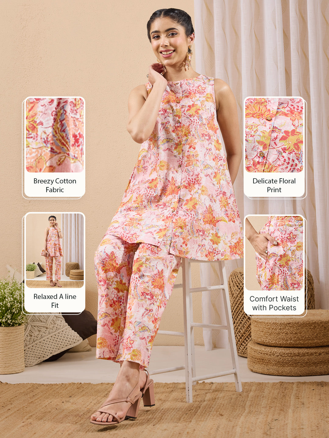 Janasya Women's Light Pink Pure Cotton Floral Printed A-line Co-ord Set