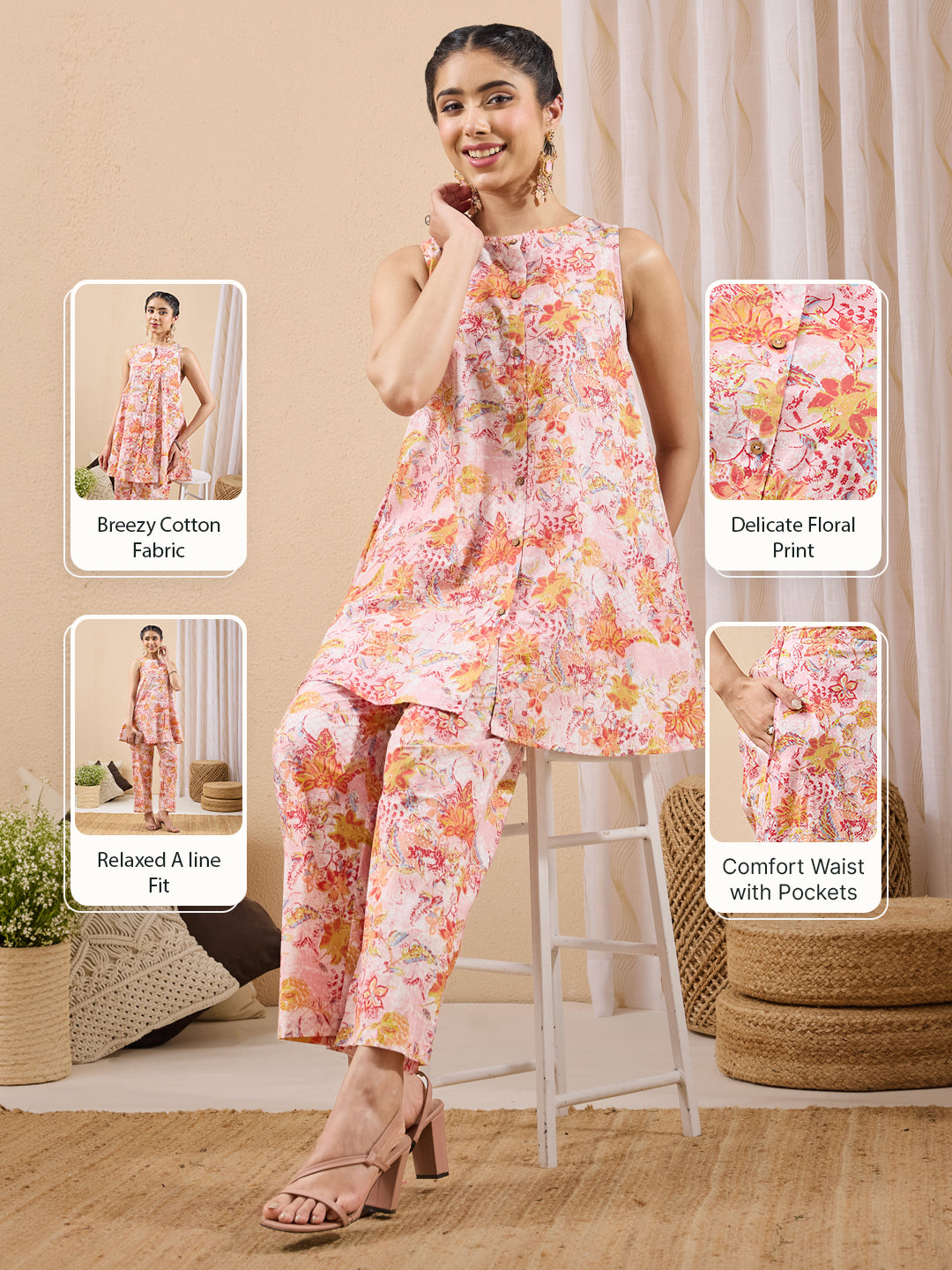 Janasya Women's Light Pink Pure Cotton Floral Printed A-line Co-ord Set