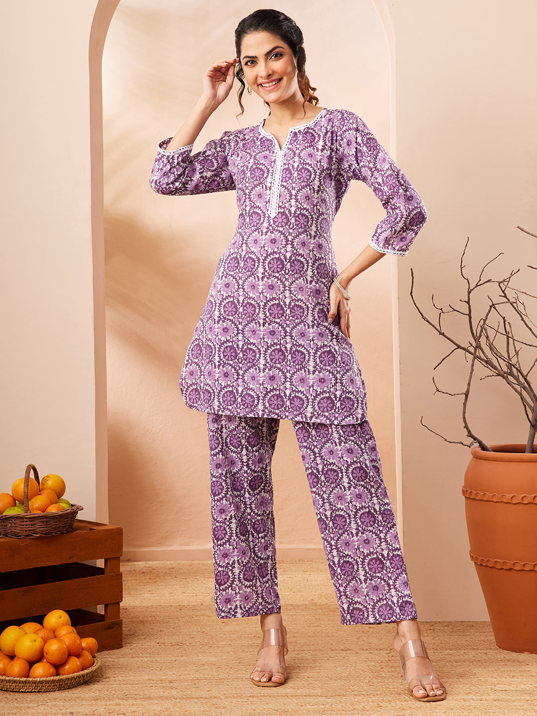 Janasya Women's Purple Pure Cotton Floral Printed Straight Co-ord Set