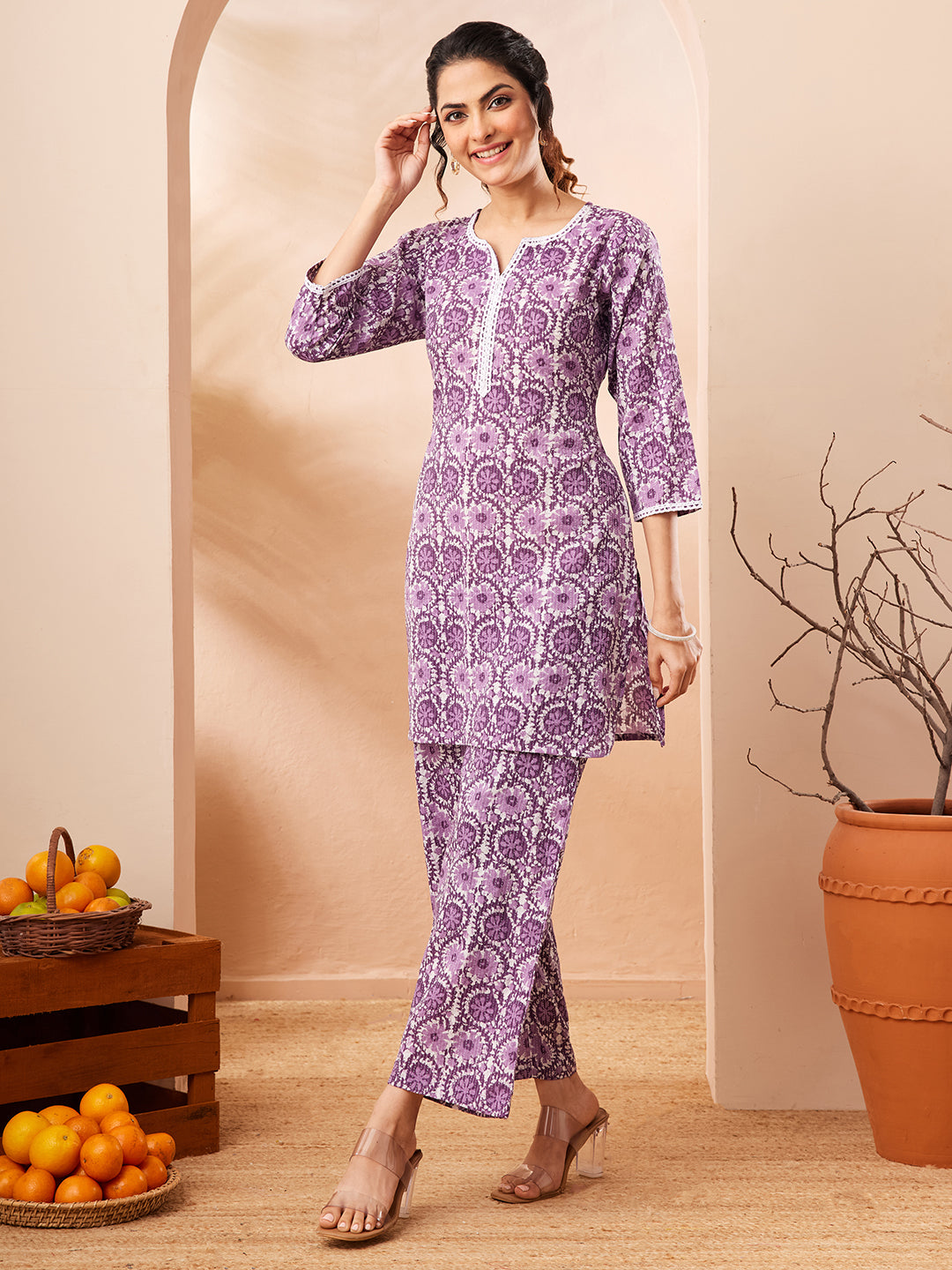 Janasya Women's Purple Pure Cotton Floral Printed Straight Co-ord Set