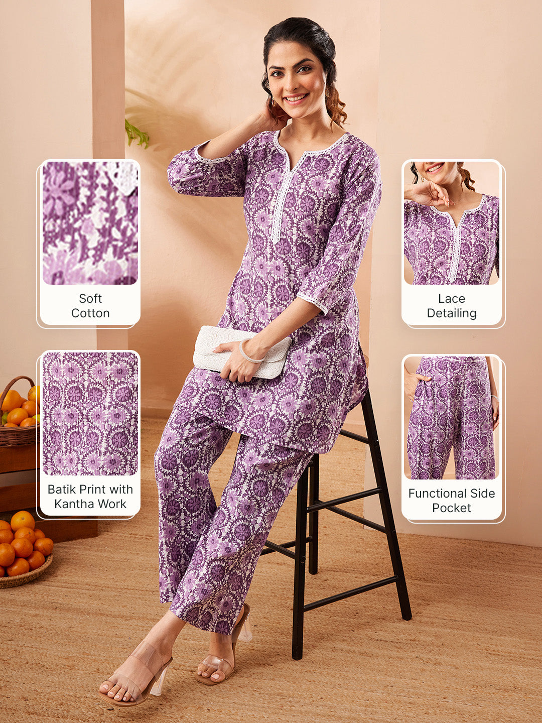 Janasya Women's Purple Pure Cotton Floral Printed Straight Co-ord Set