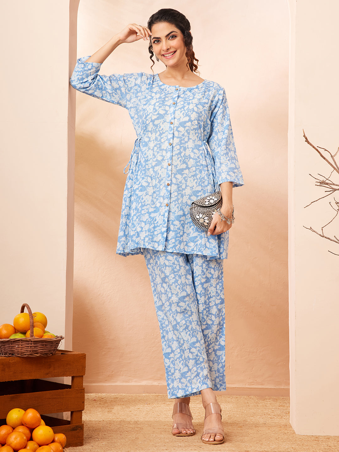 Janasya Women's Light Blue Pure Cotton Floral Printed A-line Co-ord Set