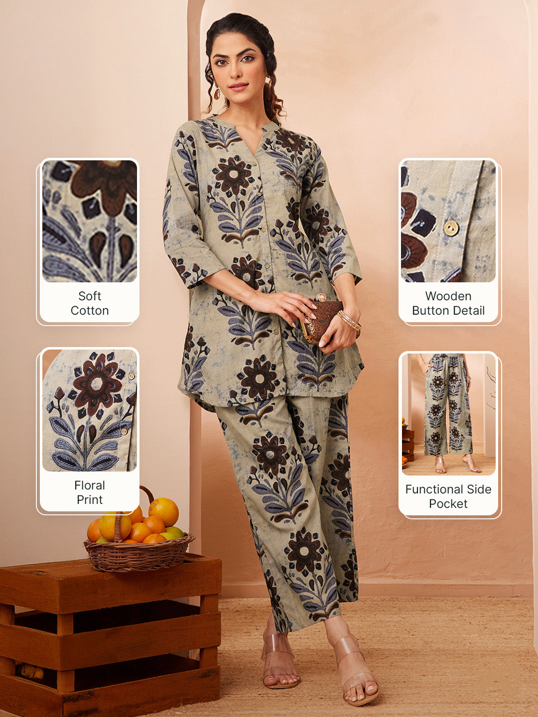 Janasya Women's Multicolor Pure Cotton Floral Printed A-line Co-ord Set
