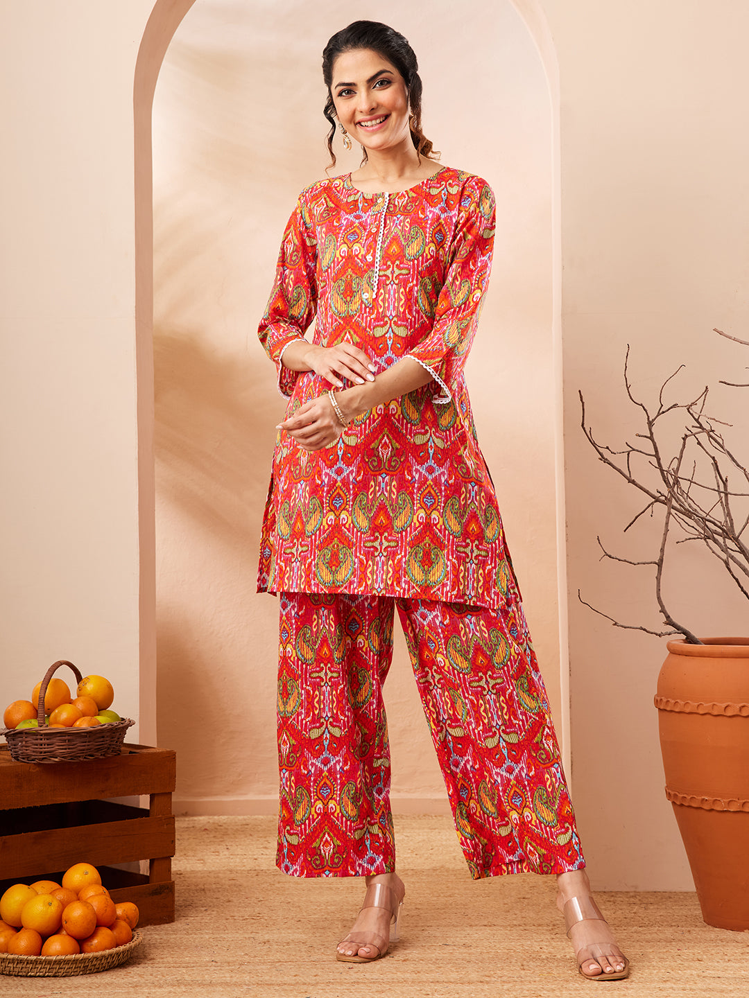 Janasya Women's Multi Pure Cotton Ikkat Printed Straight Co-ord Set
