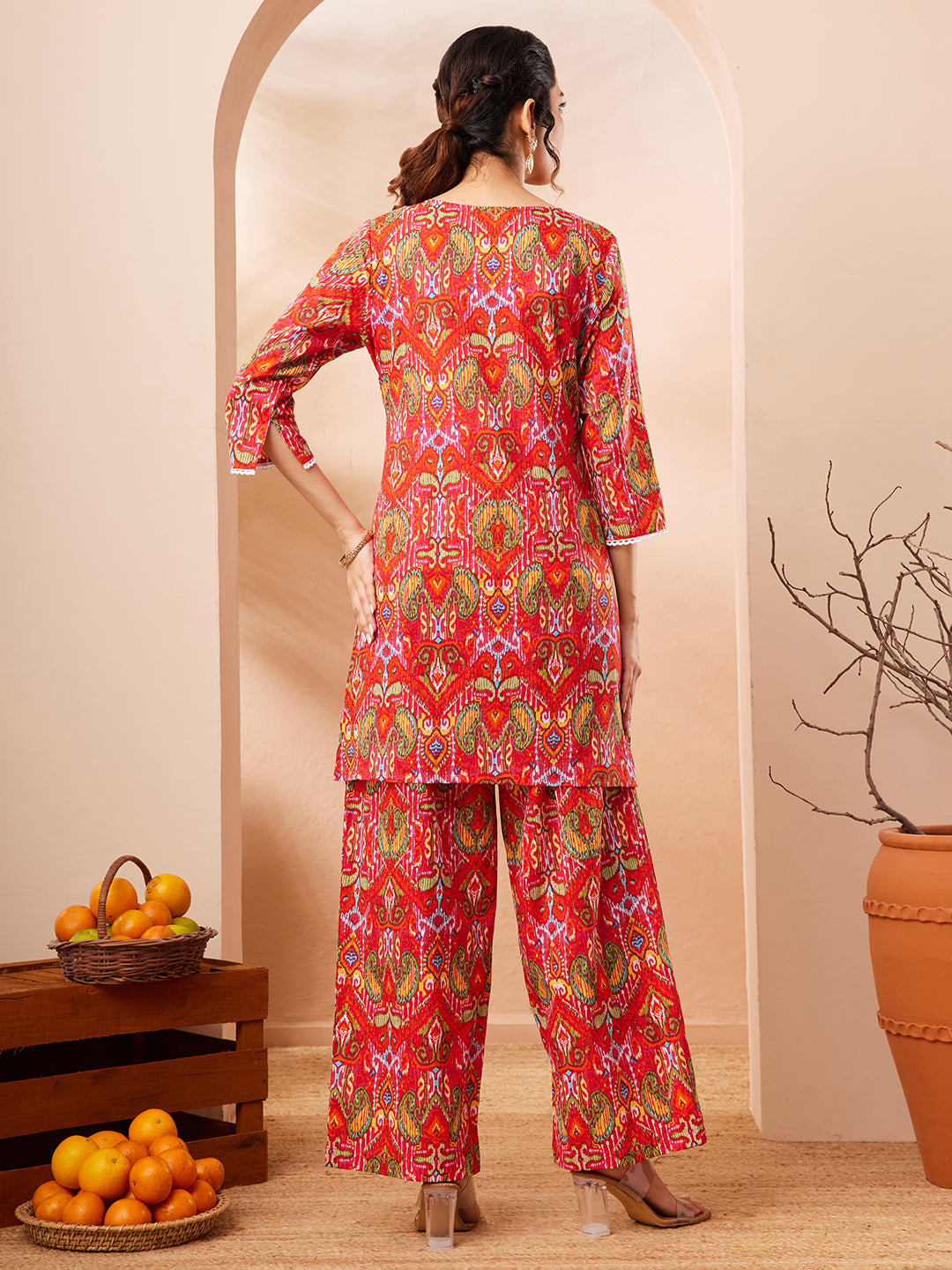 Janasya Women's Multi Pure Cotton Ikkat Printed Straight Co-ord Set