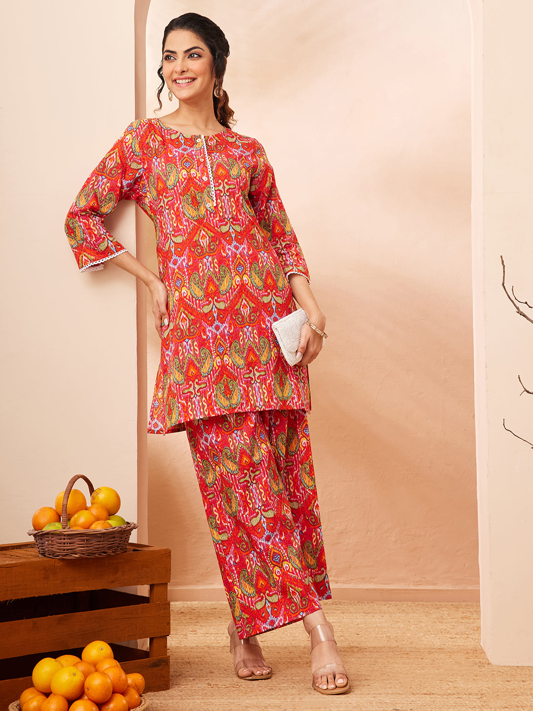 Janasya Women's Multi Pure Cotton Ikkat Printed Straight Co-ord Set