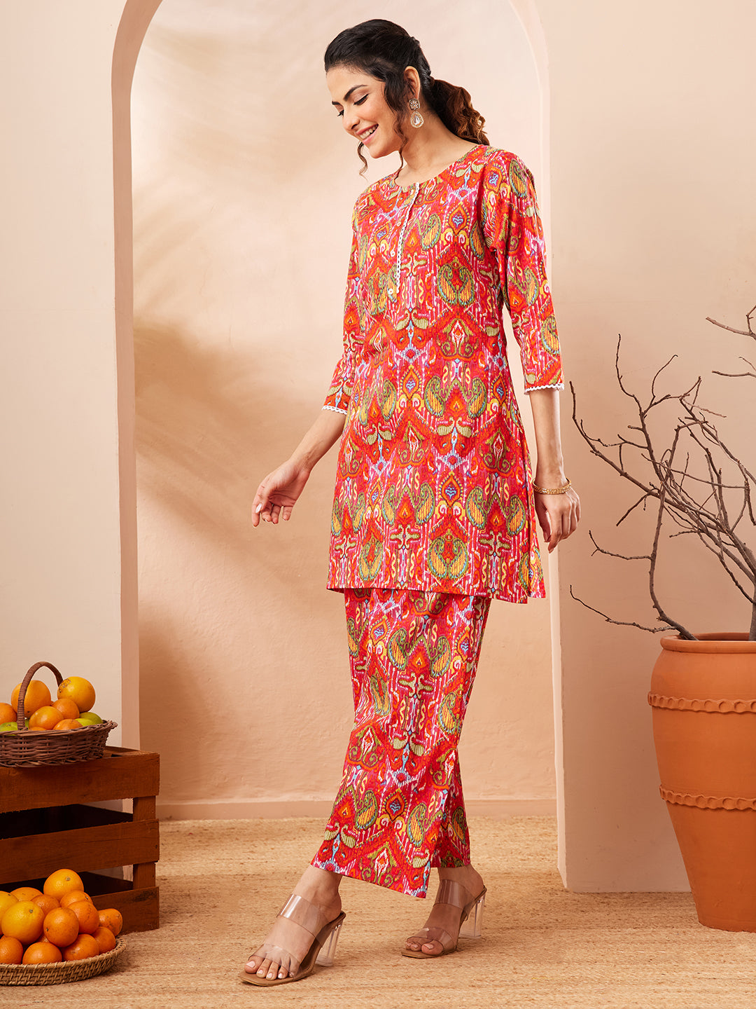 Janasya Women's Multi Pure Cotton Ikkat Printed Straight Co-ord Set