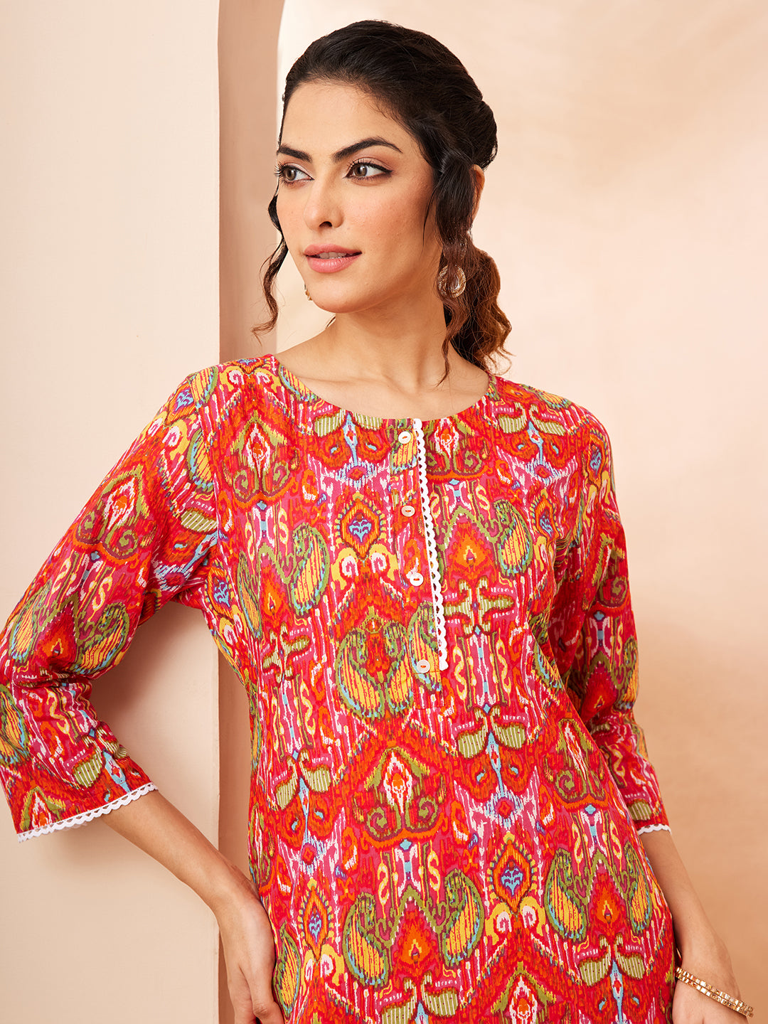 Janasya Women's Multi Pure Cotton Ikkat Printed Straight Co-ord Set