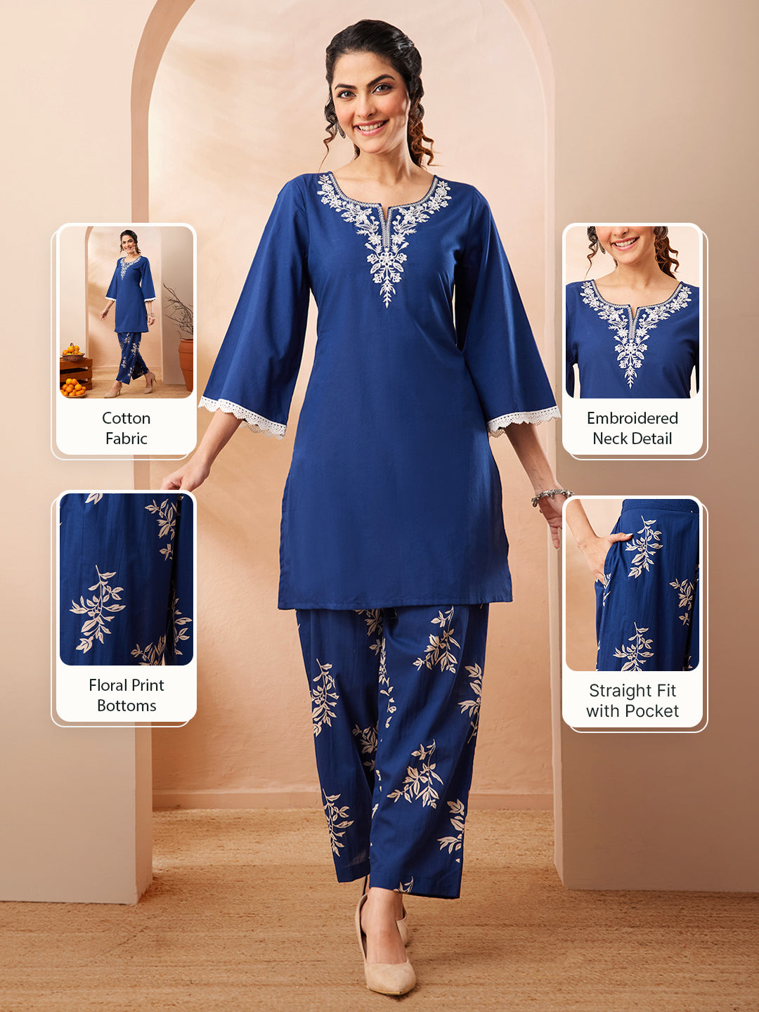 Janasya Women's Blue Pure Cotton Yoke Embroidered Straight Co-ord Set
