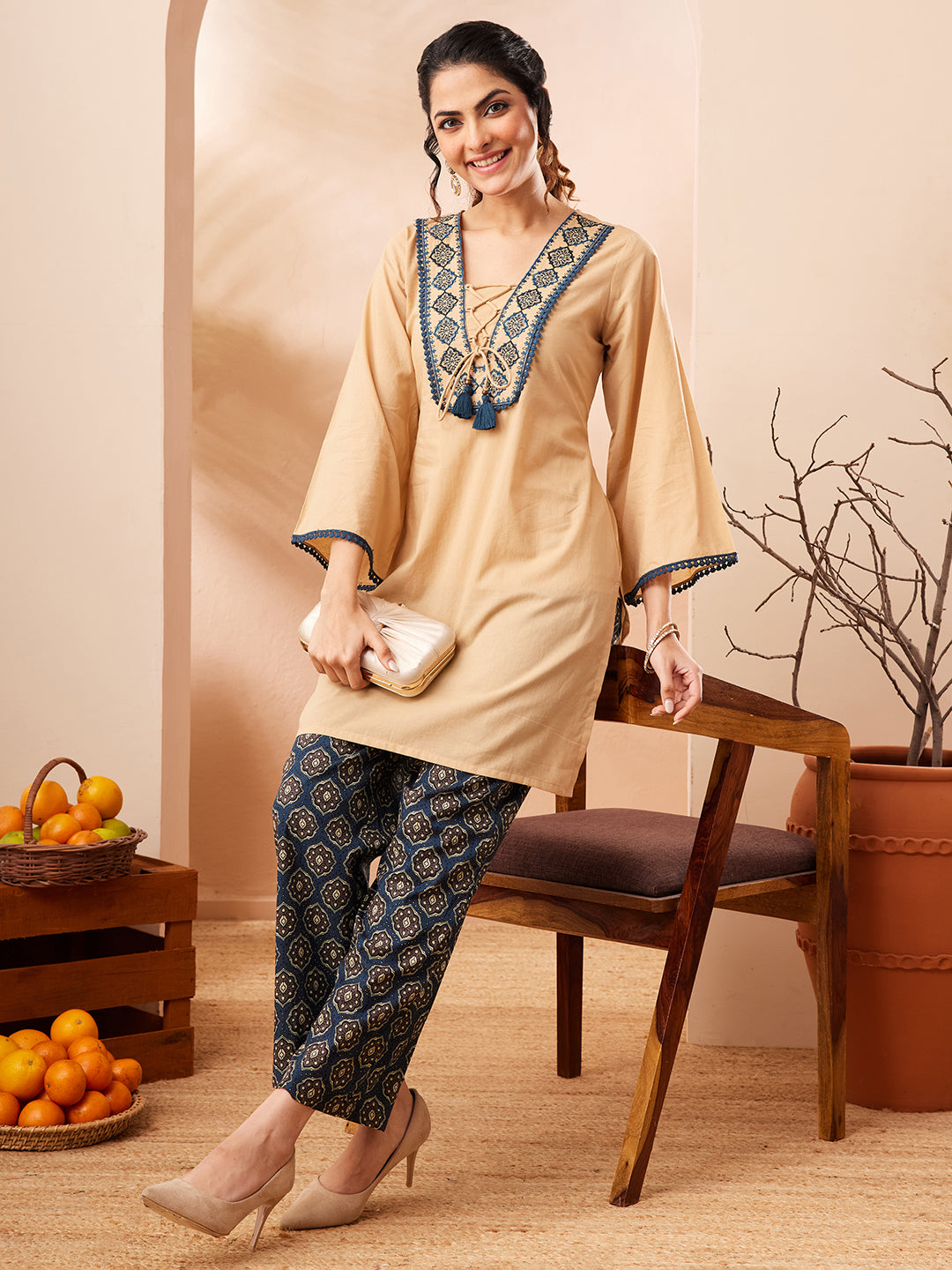 Janasya Women's Beige Pure Cotton Yoke Embroidery Straight Co-ord Set