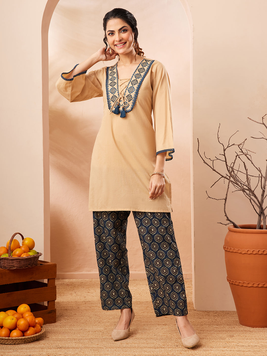 Janasya Women's Beige Pure Cotton Yoke Embroidery Straight Co-ord Set