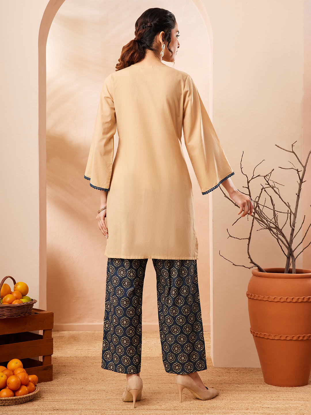 Janasya Women's Beige Pure Cotton Yoke Embroidery Straight Co-ord Set