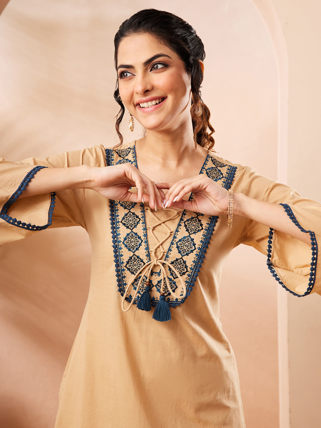 Janasya Women's Beige Pure Cotton Yoke Embroidery Straight Co-ord Set