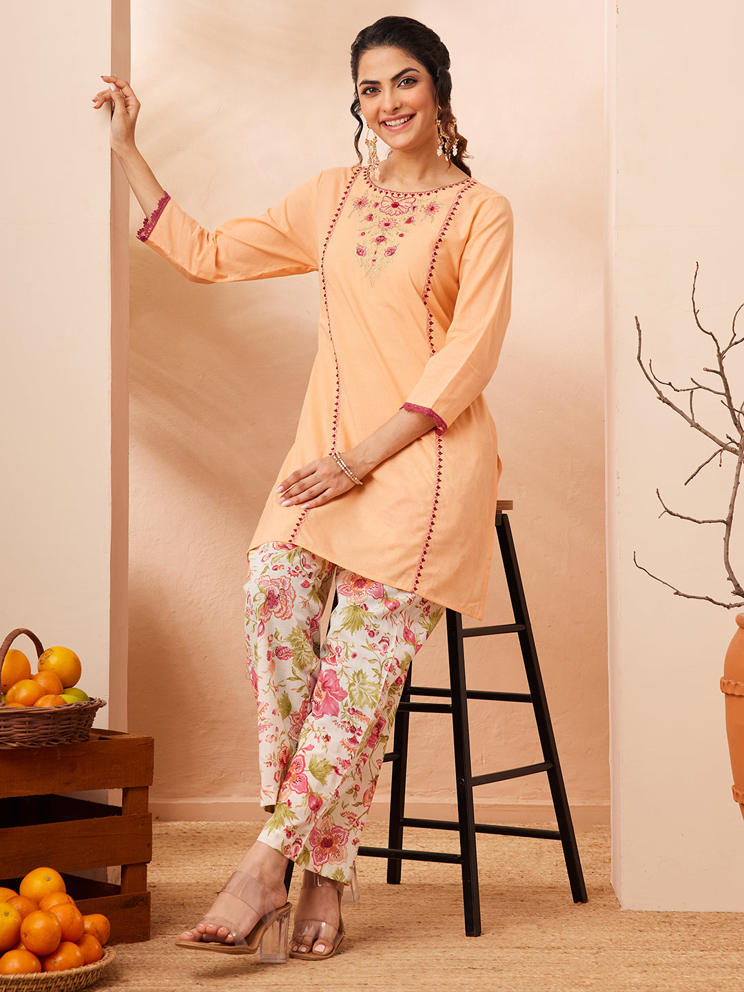Janasya Women's Peach Pure Cotton Yoke Embroidered Straight Co-ord Set