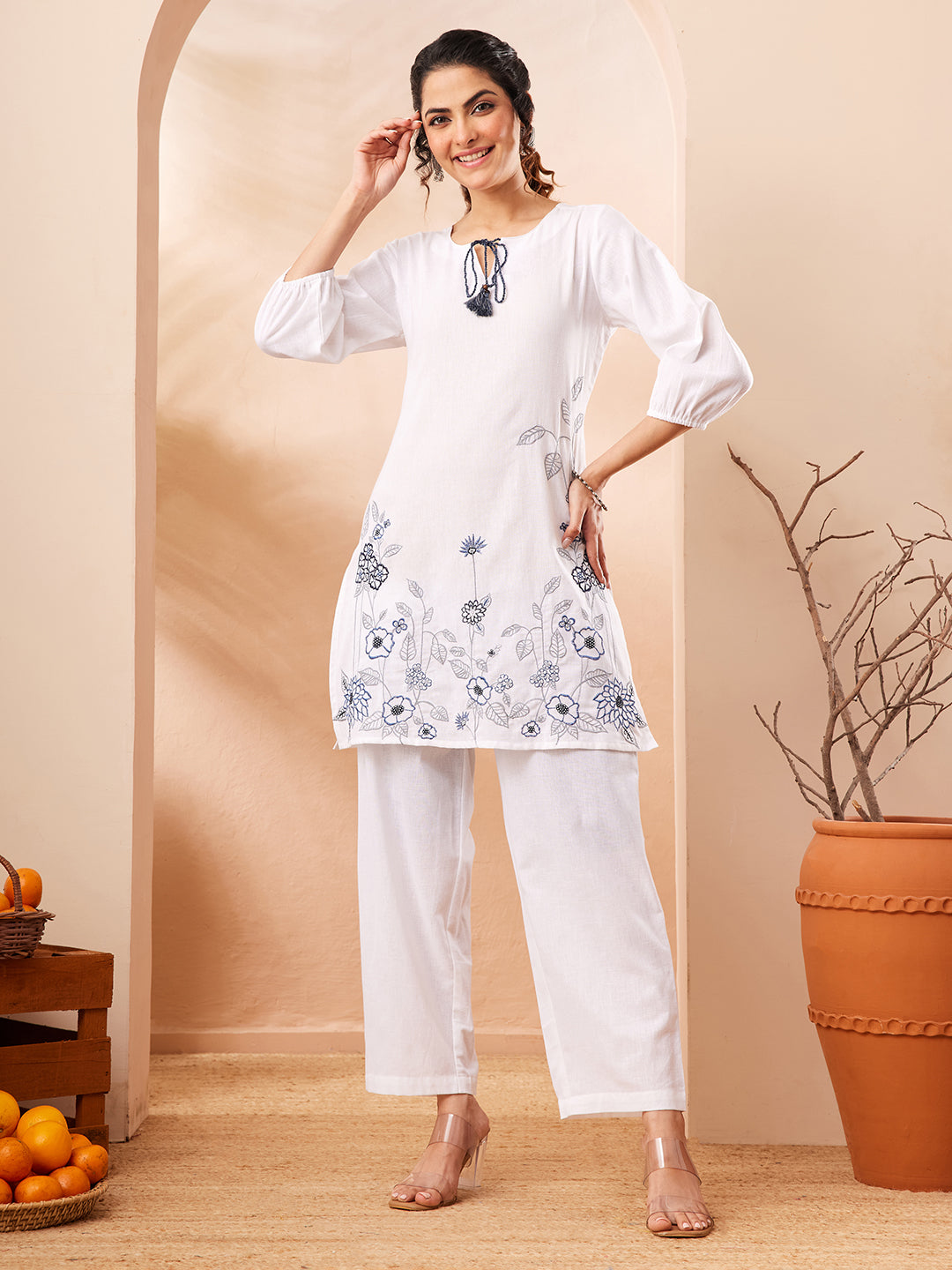 Janasya Women's White Cotton Lilen Emboidered Straight Co-ord Set