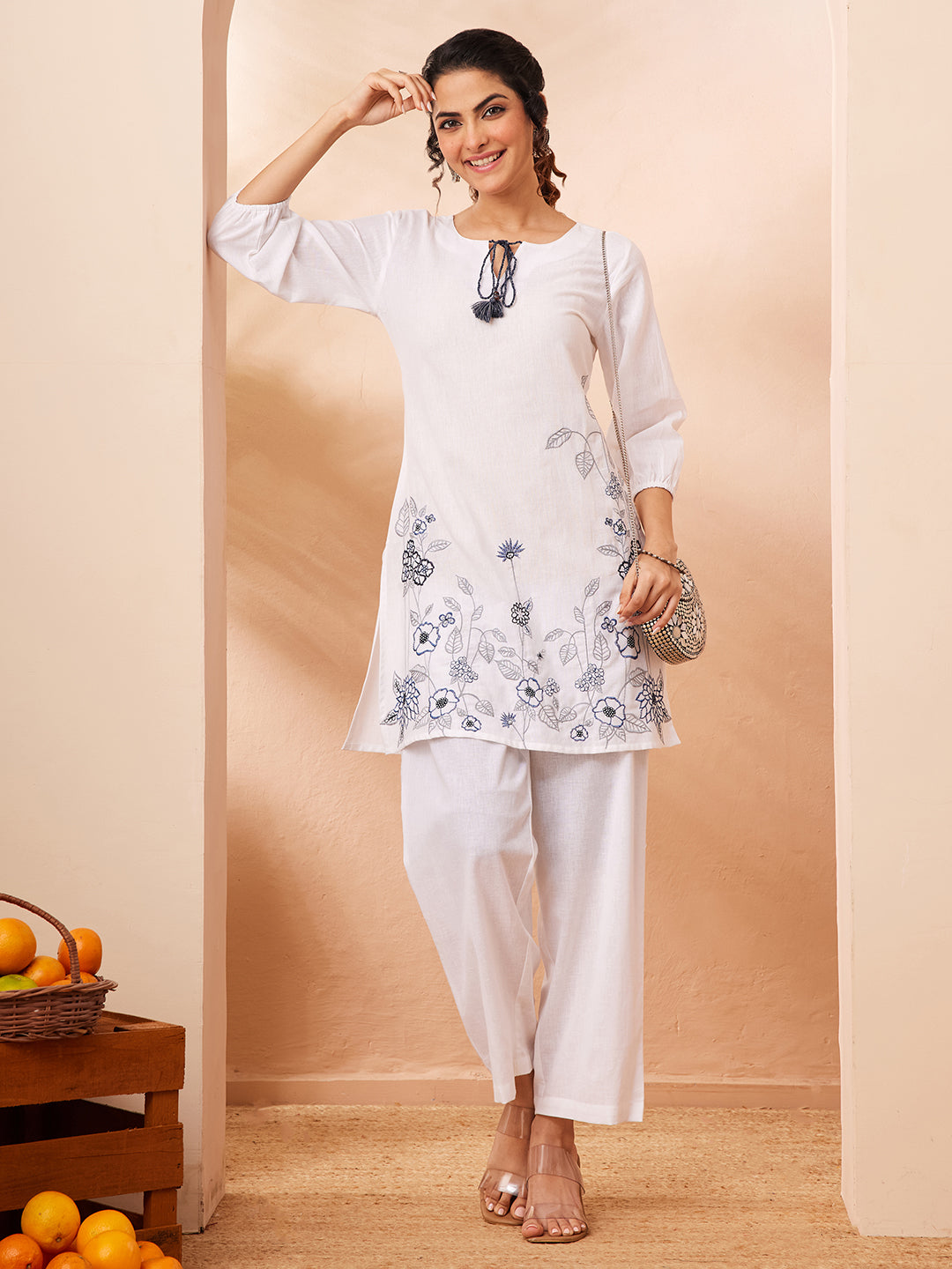 Janasya Women's White Cotton Lilen Emboidered Straight Co-ord Set