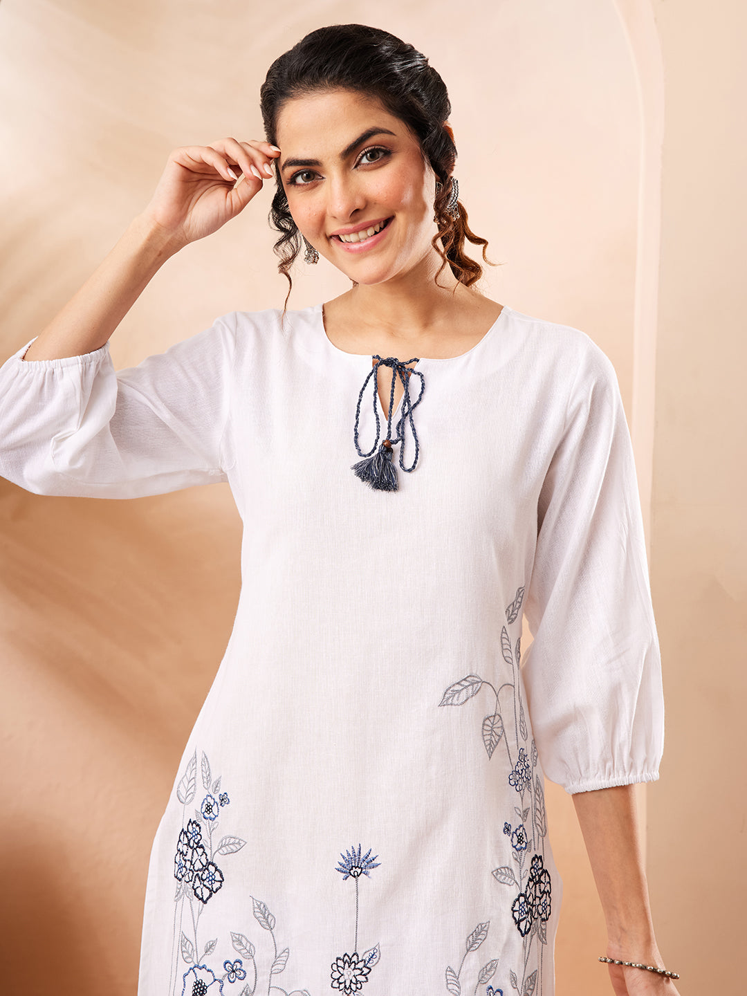 Janasya Women's White Cotton Lilen Emboidered Straight Co-ord Set